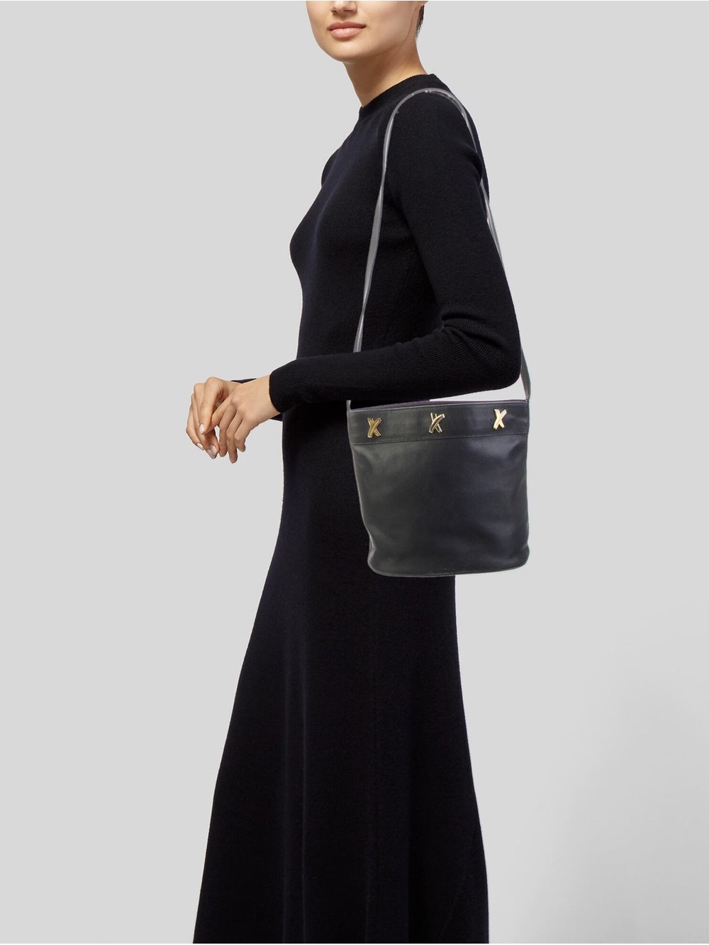 Paloma Picasso Classic Black Leather Bucket Bag with Gold Accents